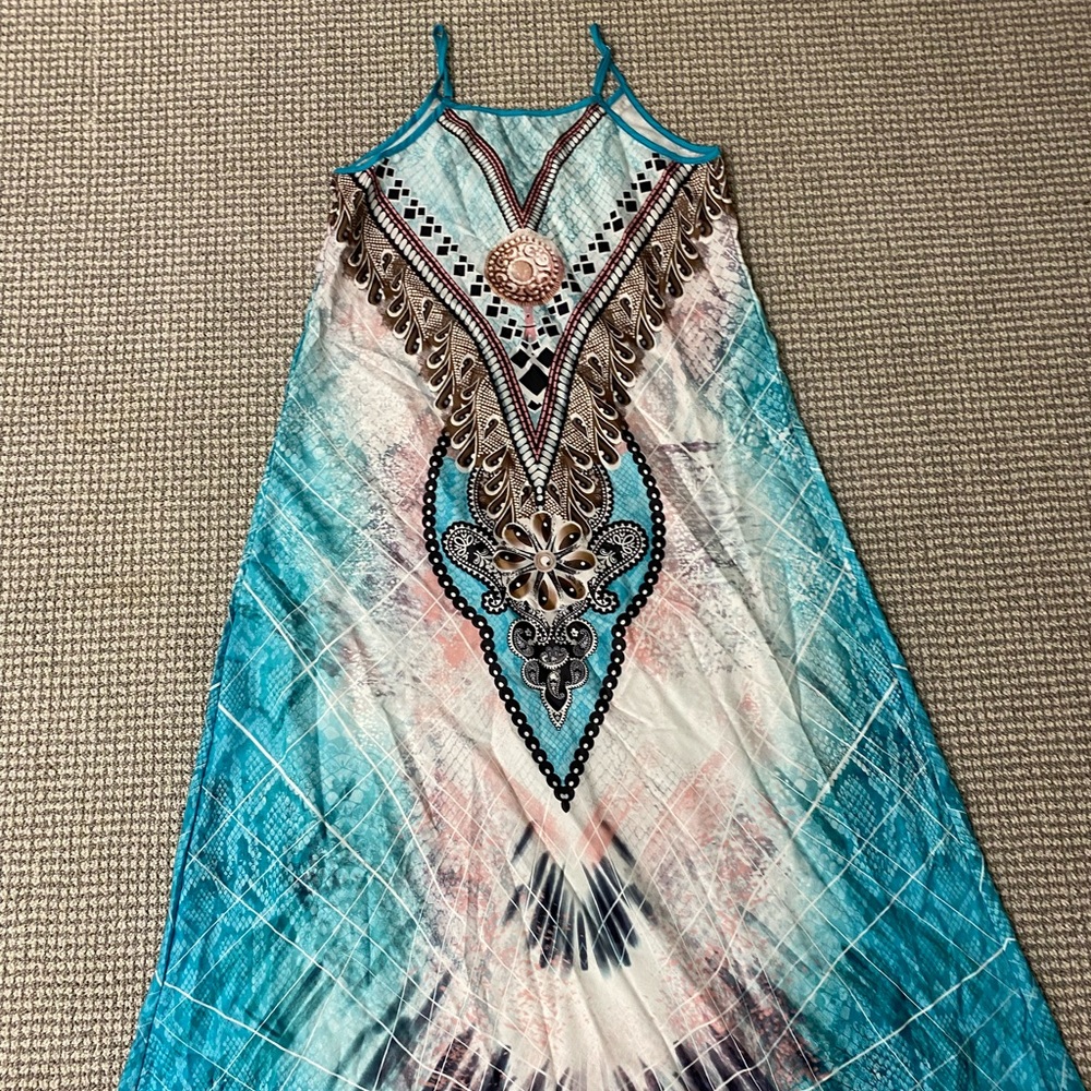NWOT Boho Turquoise V-Neck Maxi Dress with Embellished Print - Picture 3 of 5